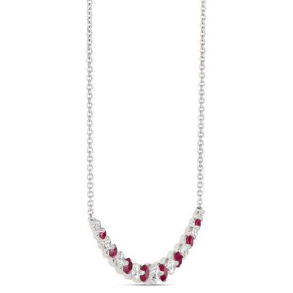 Round Ruby and Diamond Cluster Necklace, 18K White Gold