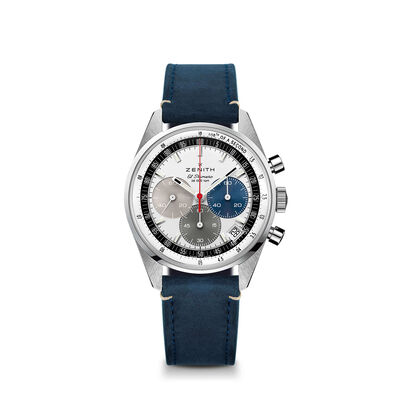Zenith CHRONOMASTER Original Watch White Dial Blue Leather Strap, 38mm