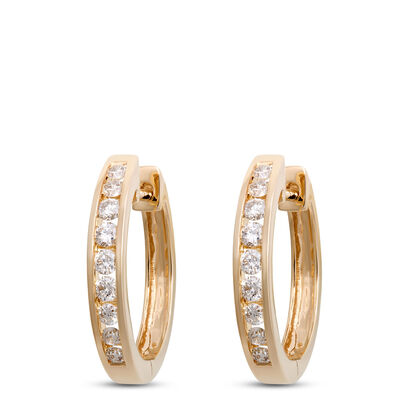 16MM Channel Set Diamond Hoops, 14K Yellow Gold