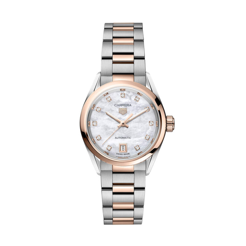 TAG Heuer Carrera Date Watch Mother of Pearl Dial Steel and 18K Rose Gold Bracelet, 29mm image number 0