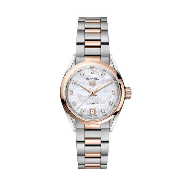 TAG Heuer Carrera Date Watch Mother of Pearl Dial Steel and 18K Rose Gold Bracelet, 29mm
