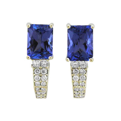 Emerald Cut Tanzanite and Round Diamond Earrings, 14K White Gold