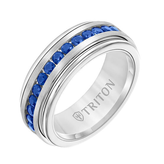 TRITON Stone Comfort Fit Sapphire Band in White Tungsten, 8 mm