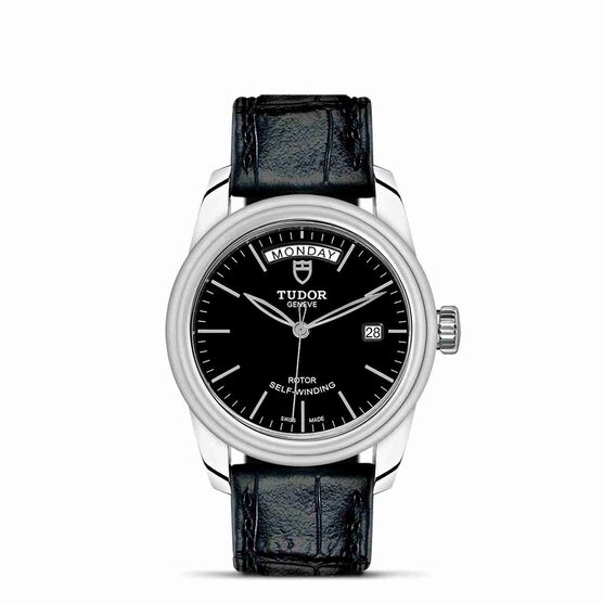 TUDOR Glamour Date+Day Watch Black Dial Black Leather Strap, 39mm