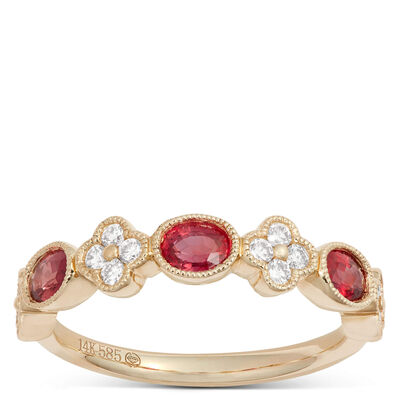 Ruby and Diamond Flower Ring, 14K Yellow Gold