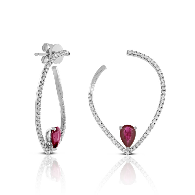 Ruby & Diamond Pear Front to Back Hoop Earrings 14K image number 0