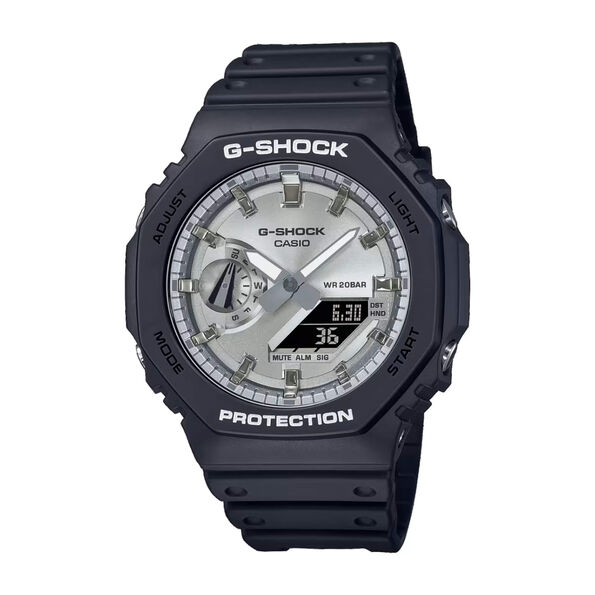 G-Shock 2100 Series Watch Silver-Tone Dial Black Resin Band, 48.5mm
