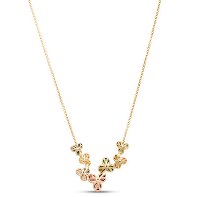 Classic Round Rainbow Sapphire Clusters Necklace, 14K Yellow Gold