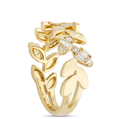 Floral Band with Round and Baguette Diamonds, ⅓ Carat Total Weight, 14K Yellow Gold