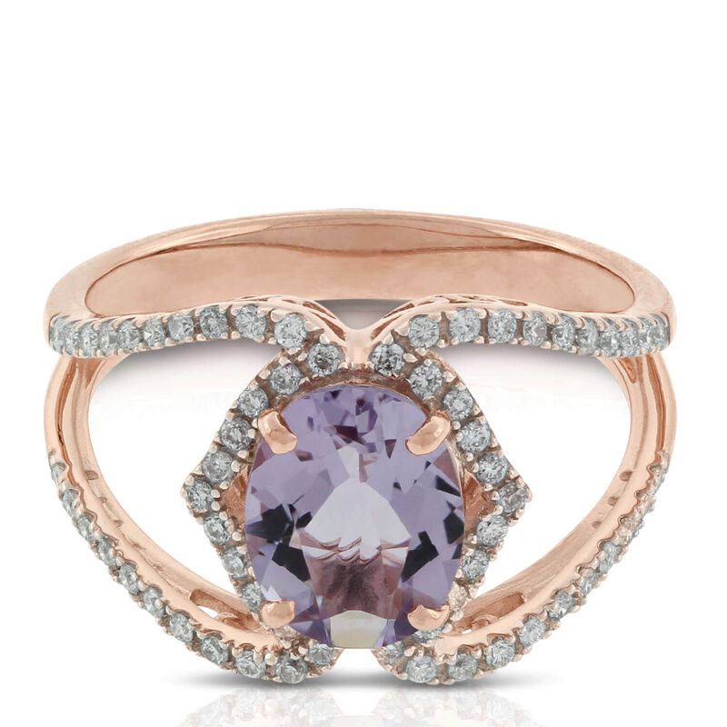 Rose Gold Oval Amethyst & Diamond Crossover Ring 14K image number 0