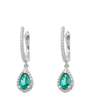 Pear Emerald & Diamond Halo Drop Earrings 14K