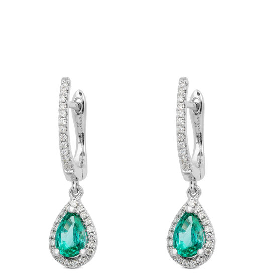 Pear Emerald & Diamond Halo Drop Earrings 14K