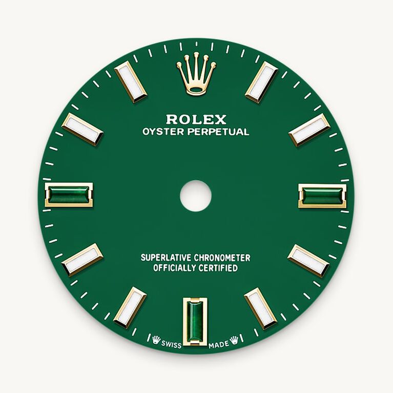 rolex oyster perpetual in 18 ct yellow gold, m276208-0002 - green stone dial - ben bridge