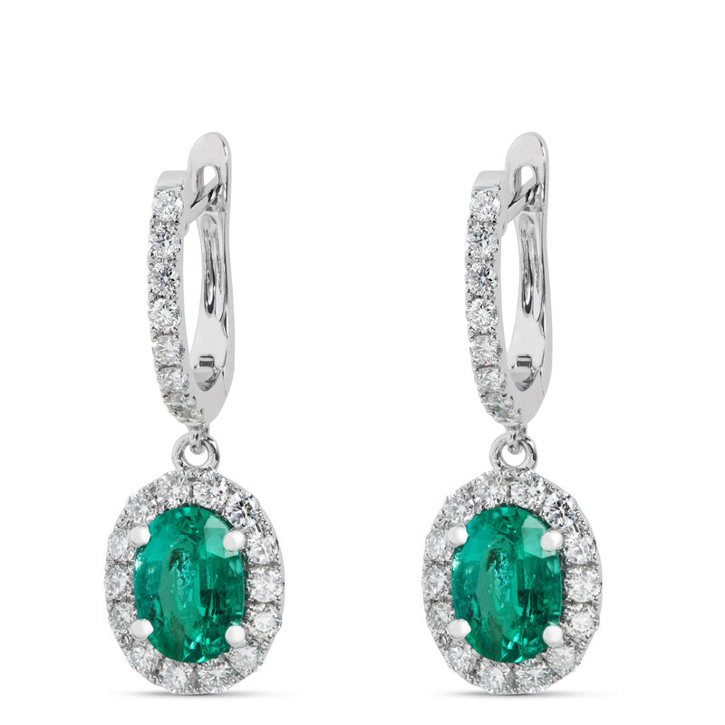 Oval Emerald and Diamond Halo Earrings, 14K White Gold image number 0