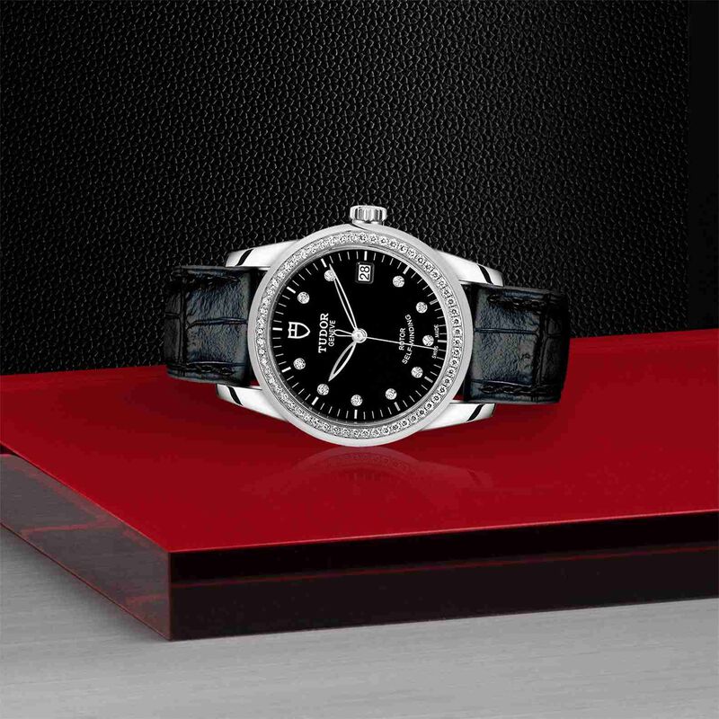 TUDOR Glamour Date Watch Black Dial Black Leather Strap, 36mm image number 3