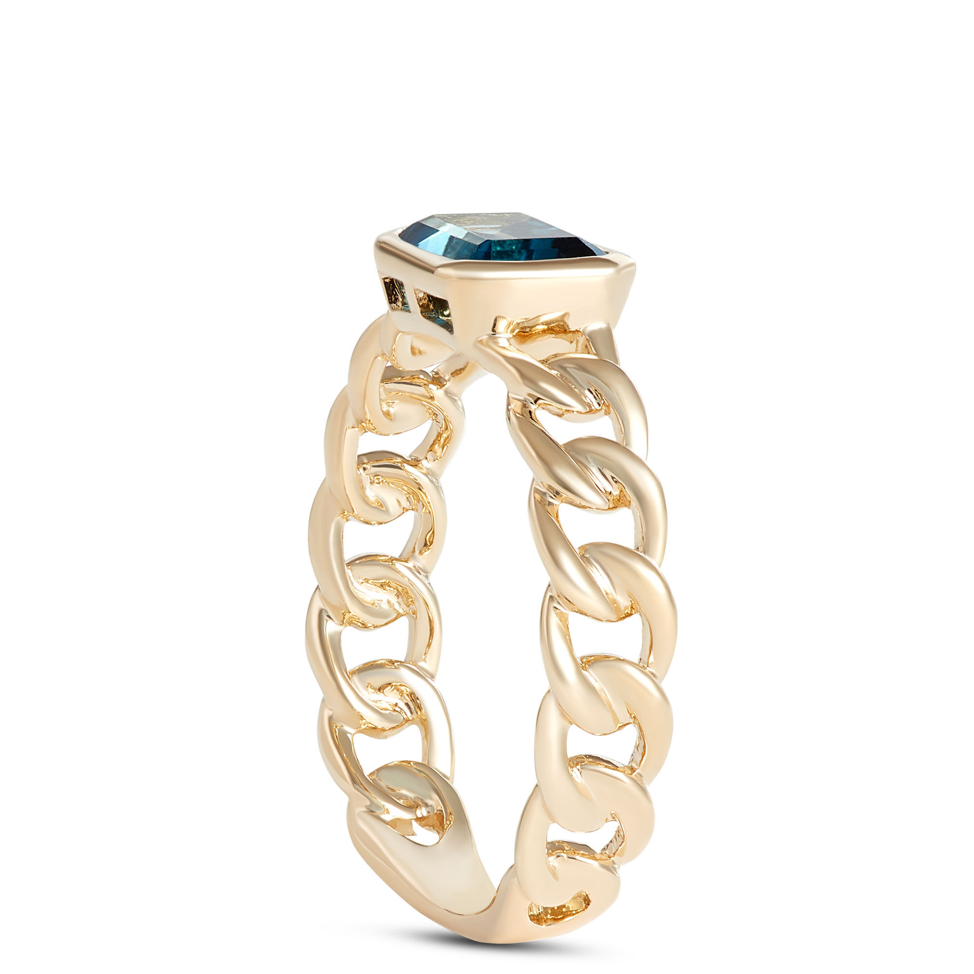 Emerald Cut Blue Tourmaline Linked Shank Ring, 14K Yellow Gold