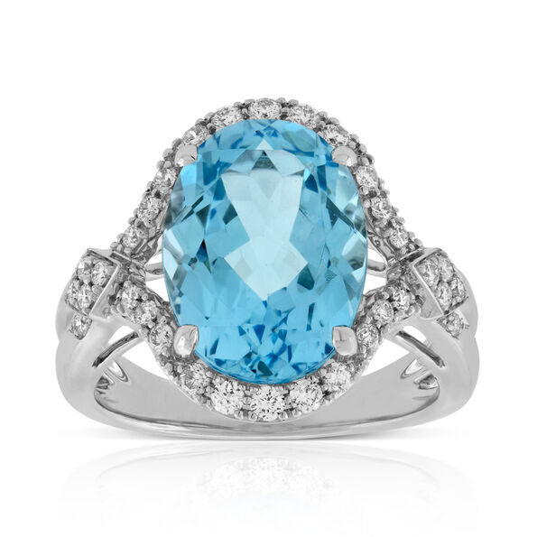 Sky Blue Topaz & Halo Diamond Ring 14K