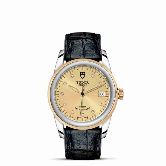 TUDOR Glamour Date Watch Champagne Dial Black Leather Strap, 36mm