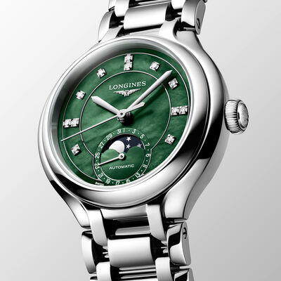 Longines Primaluna Moonphase Green Dial Watch, 34mm