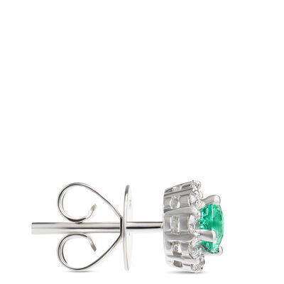 Emerald Stud Earrings with Diamond Halo, 14K White Gold