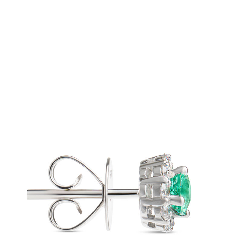 Emerald Stud Earrings with Diamond Halo, 14K White Gold image number 1