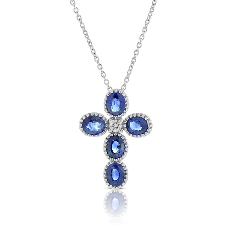 Beaded Sapphire & Diamond Cross Necklace 14K image number 0