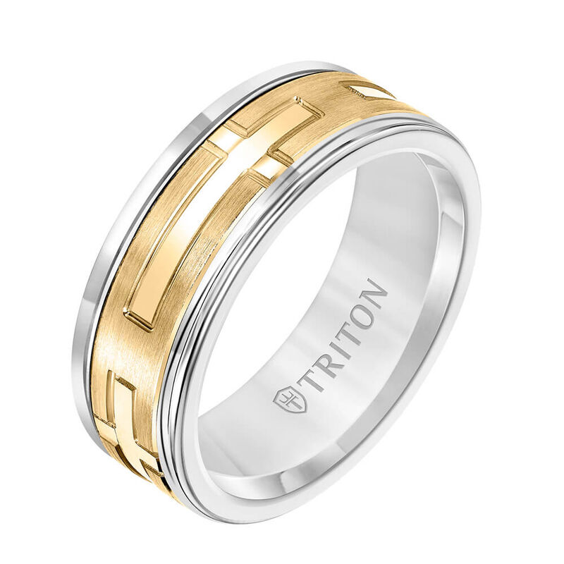 TRITON Custom Comfort Fit Cross Band in White Tungsten & 14K, 8 mm image number 1