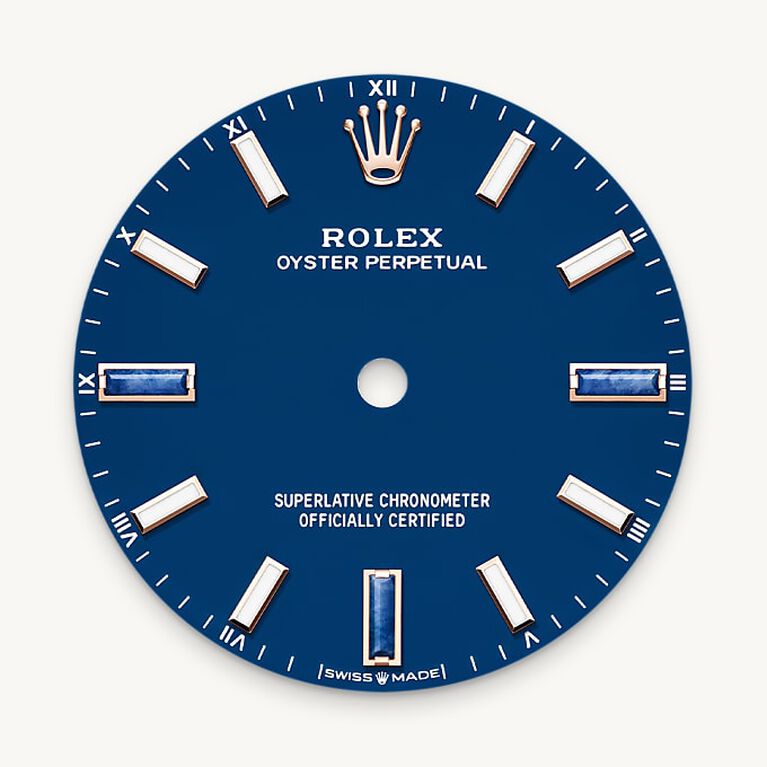 rolex oyster perpetual in 18 ct everose gold, m124205-0002 - blue stone dial - ben bridge