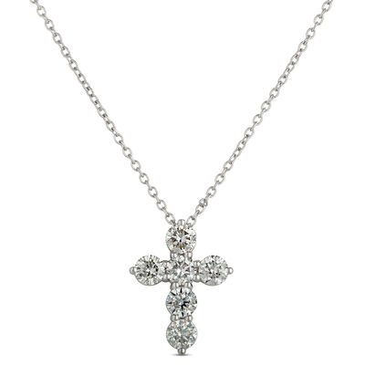Classic Petit Cross Pendant Necklace with Round Diamonds, 1 Carat Total Weight, 14K White Gold