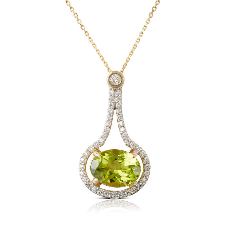 Oval Peridot & Diamond Teardrop Halo Necklace 14K image number 0