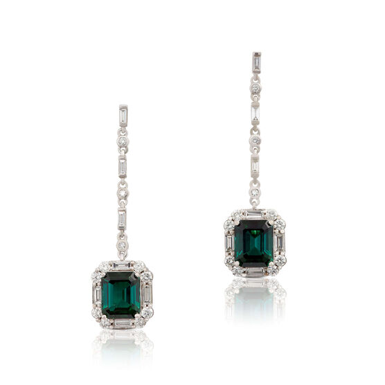 Emerald Cut Green Tourmaline & Diamond Drop Earrings 14K