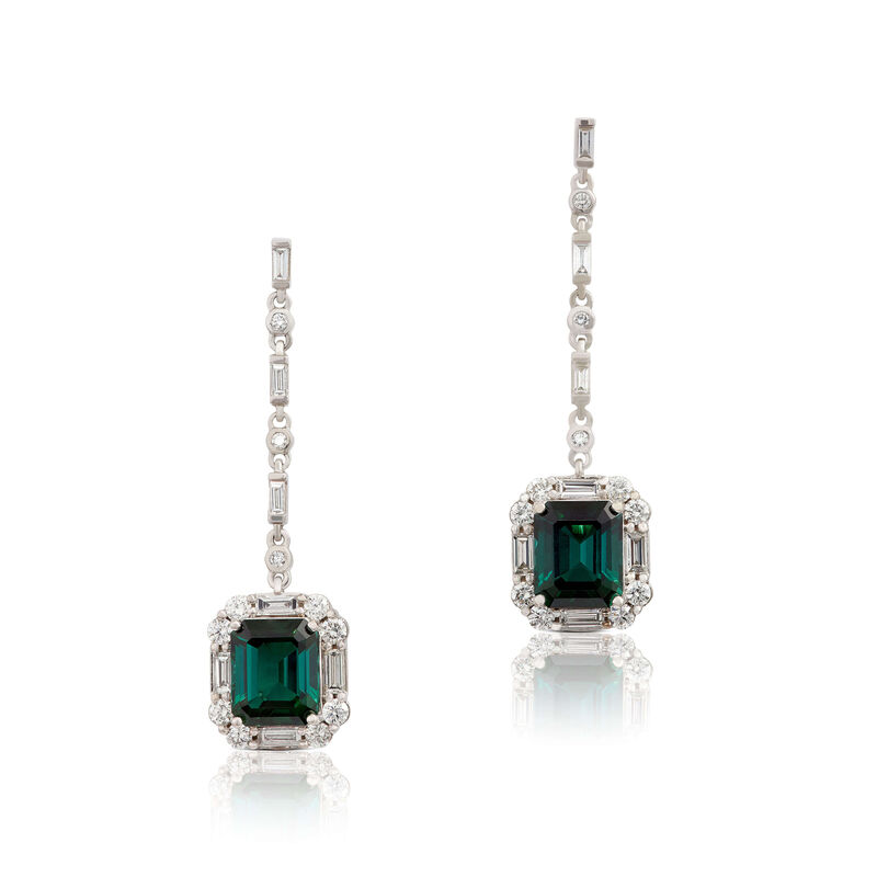 Emerald Cut Green Tourmaline & Diamond Drop Earrings 14K image number 0