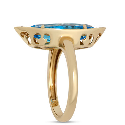 Classic Oval Blue Topaz Ring with Round Diamond Halo, ⅓ Carat Total Weight, 14K Yellow Gold