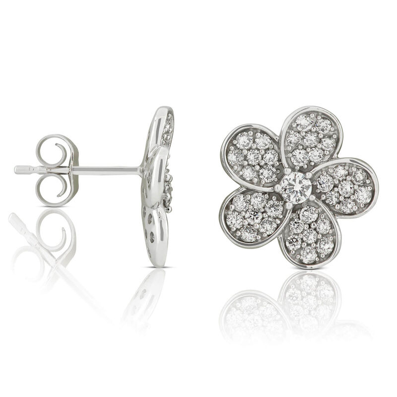 Five Petal Pavé Diamond Flower Stud Earrings 14K image number 1