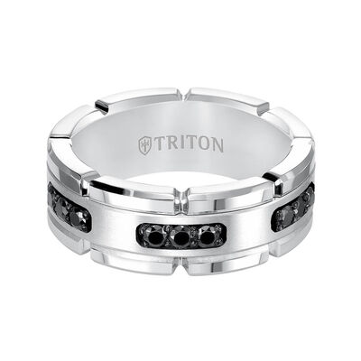TRITON Stone Contemporary Comfort Fit Black Diamond Link Edge Band in White Tungsten & Silver, 8 mm