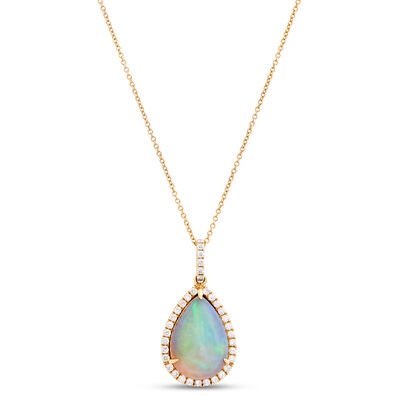 Pear-Shaped Opal and Diamond Pendant Necklace, 14K Yellow Gold