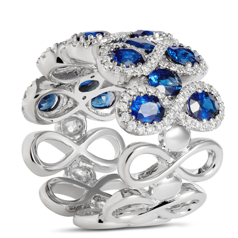 Wide Three-Row Sapphire and Diamond Ring, 14K White Gold image number 1