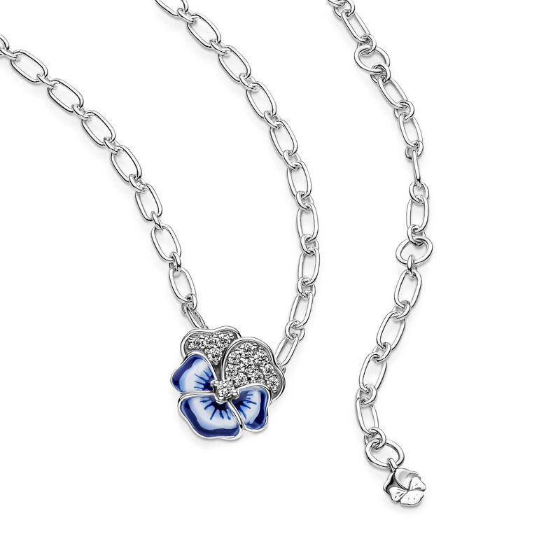 Pandora Blue Pansy Flower Enamel & CZ Pendant Necklace, 19.7" image number 3
