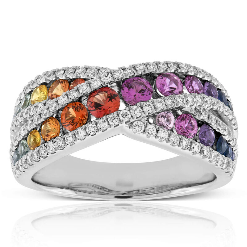 Rainbow Sapphire & Diamond Criss Cross Ring 14K