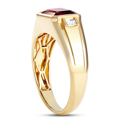 Emerald Cut Garnet Ring with Baguatte Diamonds, ⅕ Total Carat Weight, 14K Yellow Gold