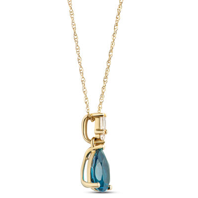Pear Shaped Blue Topaz Pendant Necklace with Diamond Accents, 1/10 Carat Total Weight, 14K Yellow Gold