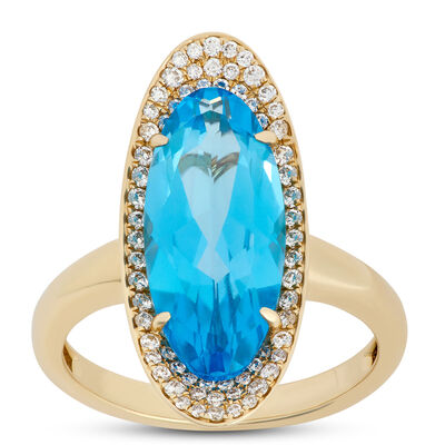 Classic Oval Blue Topaz Ring with Round Diamond Halo, ⅓ Carat Total Weight, 14K Yellow Gold