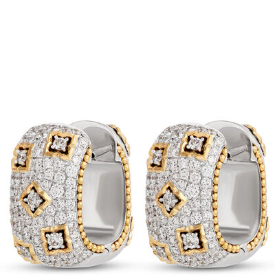 Two-Tone Rectangle Earrings with Pave Diamonds, 1 Carat Total Weight, 18K White and Yellow Gold