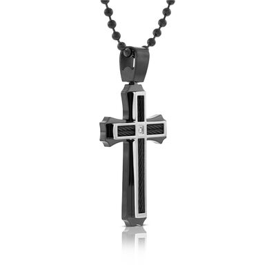 Men's Black Cross with Diamond Necklace in Stainless Steel