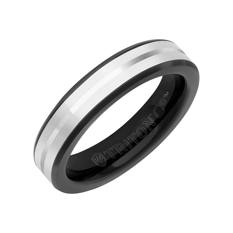 TRITON White Ceramic Inlay with Silver-tone Center Line and Broken Edge Band in Black Tungsten Carbide, 5MM image number 0