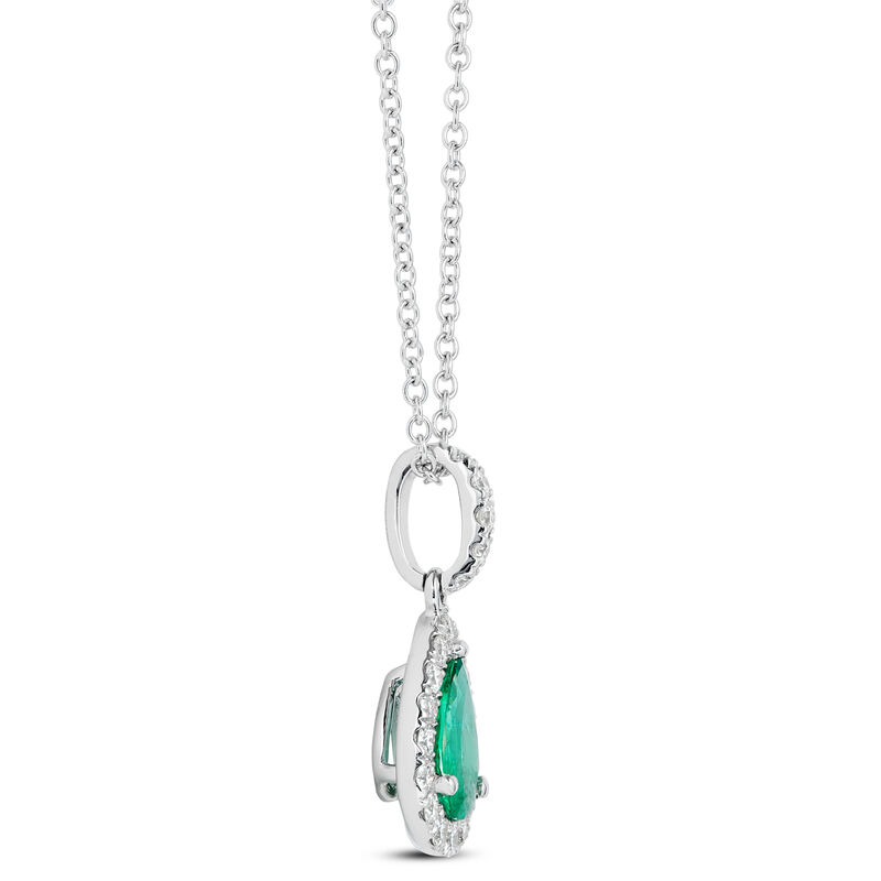 Pear Shaped Emerald and Diamond Halo Pendant Necklace, 14K White Gold image number 2