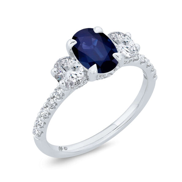 Bella Ponte 3-Stone Oval Cut Sapphire and Diamond Engagement Ring, 14K White Gold