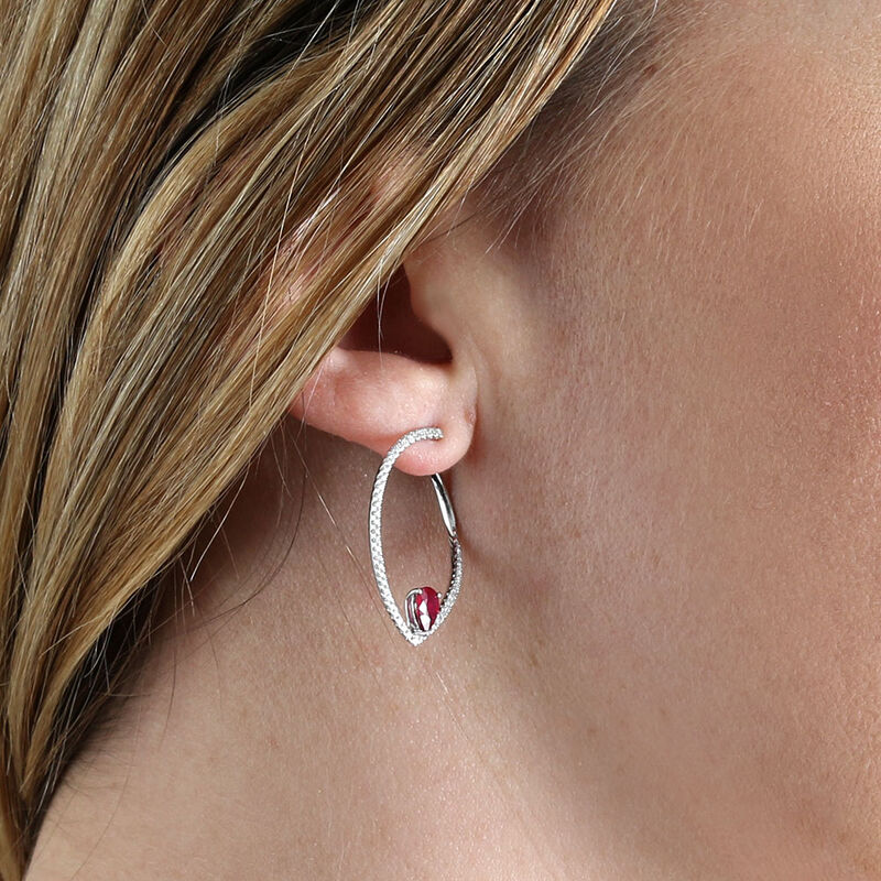 Ruby & Diamond Pear Front to Back Hoop Earrings 14K image number 1