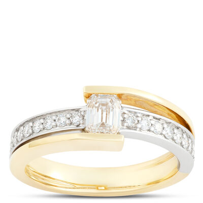 Emerald Cut and Round Diamond Ring, &frac34; Total Carat Weight, 18K White and Yellow Gold