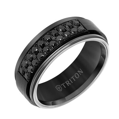 TRITON Comfort Fit Black Sapphire Step Edge Tungsten Band, 8MM